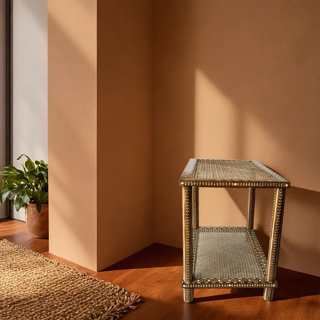 handmade Teak Wood Bone Inlay Pattern Stool