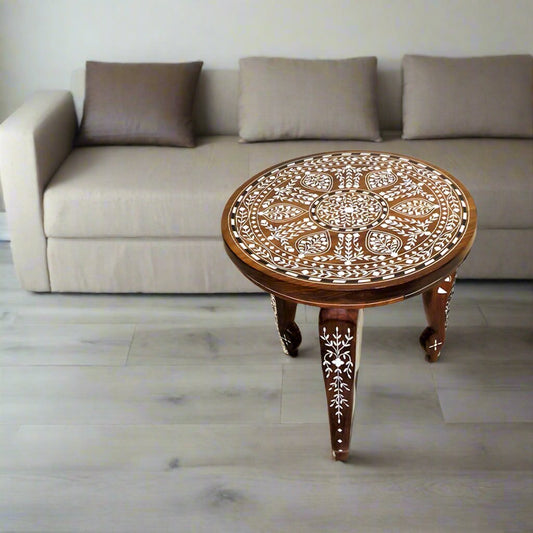 Handmade Teak Wood Bone Inlay Pattern Stool