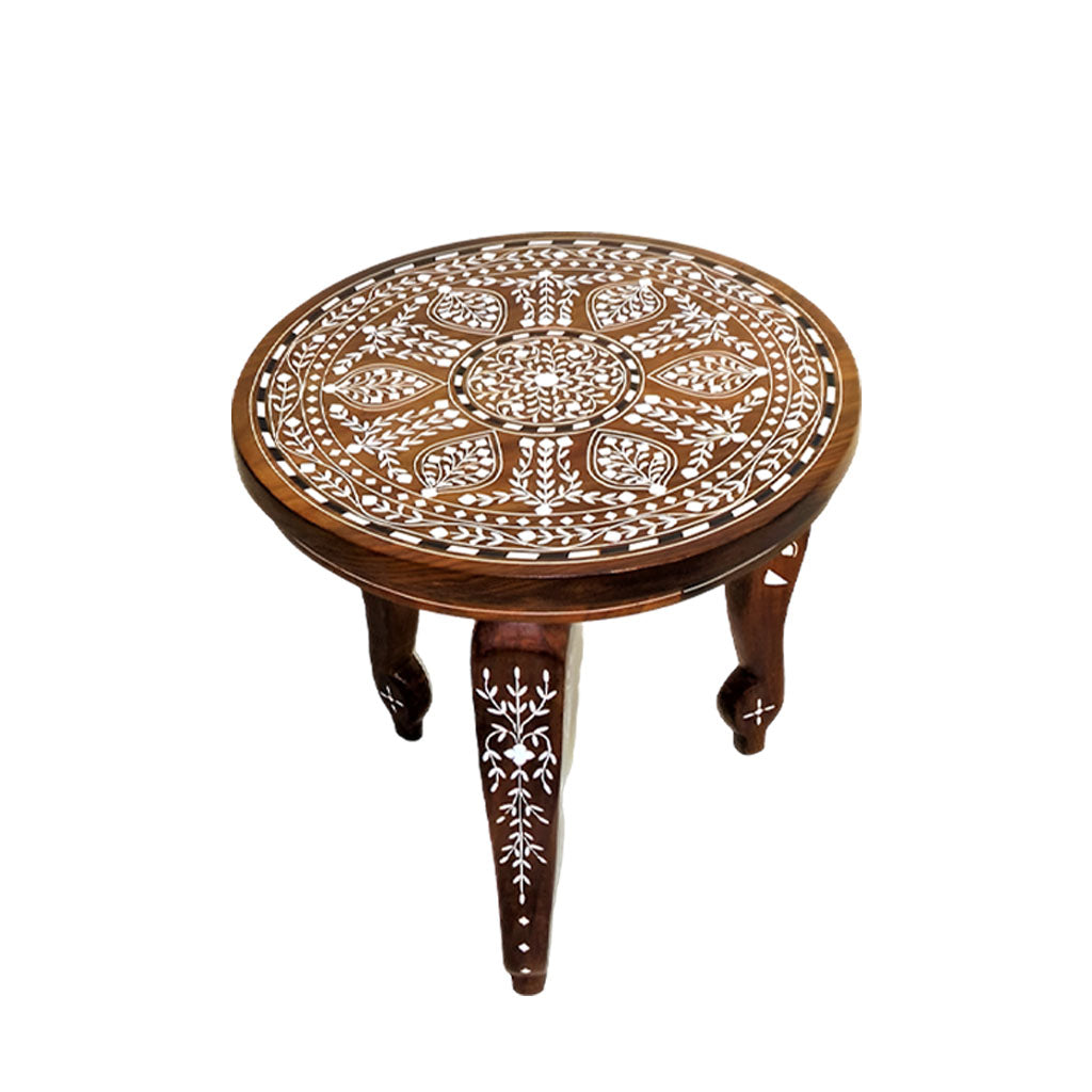 Handmade Teak Wood Bone Inlay Pattern Stool