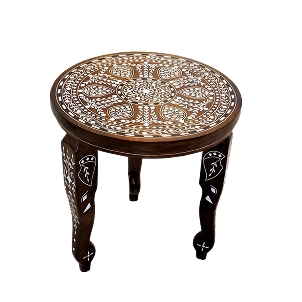 Handmade Teak Wood Bone Inlay Pattern Stool