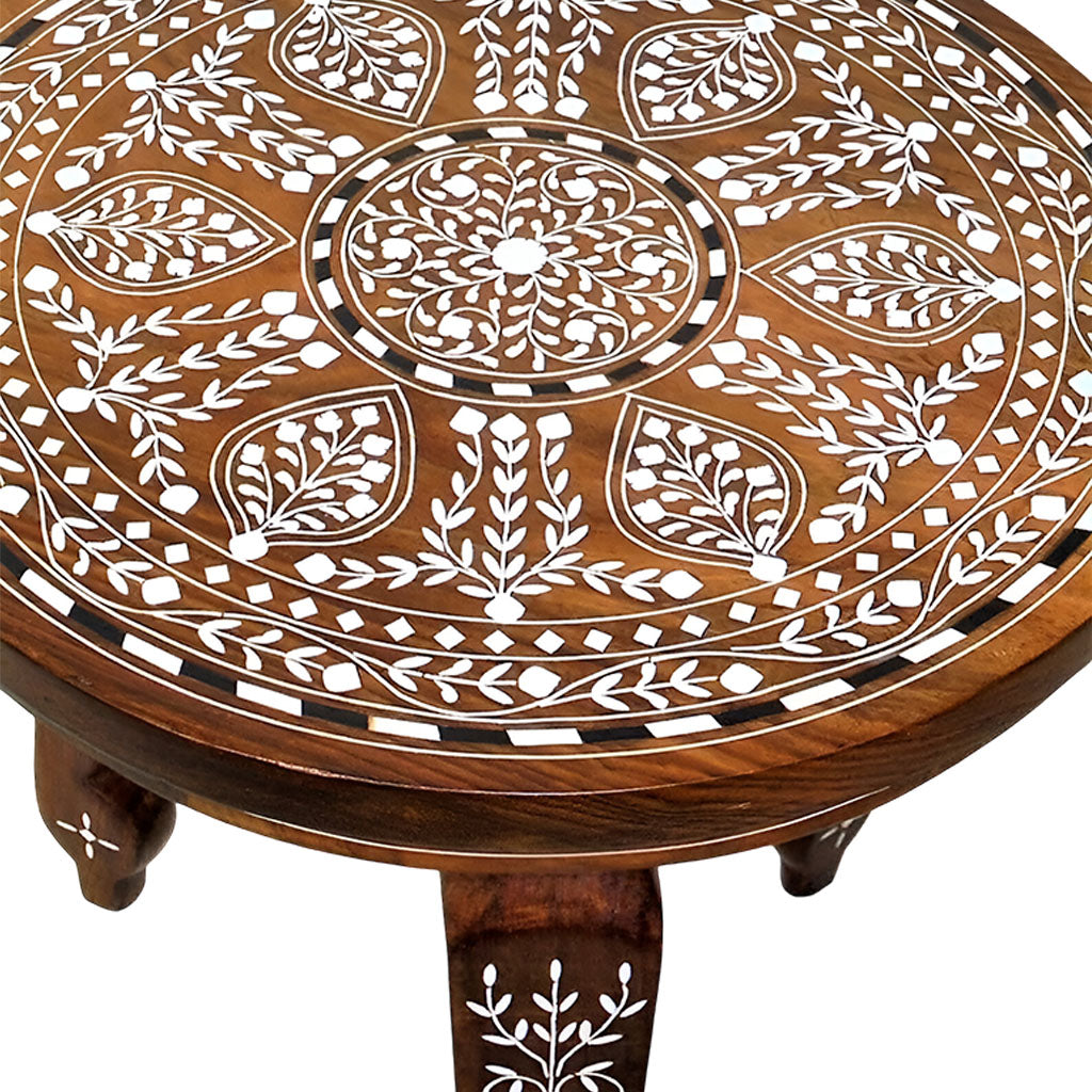 Handmade Teak Wood Bone Inlay Pattern Stool