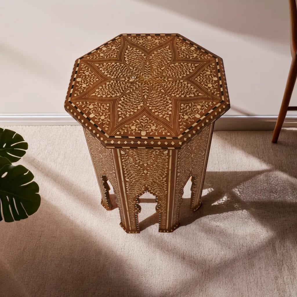 handmade Teak Wood Bone Inlay Pattern Stool