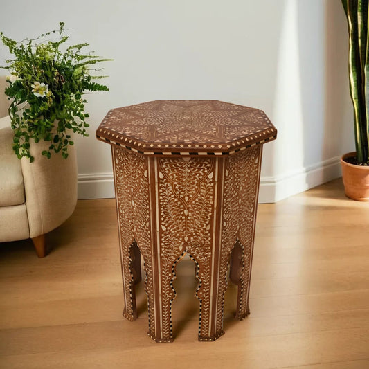 handmade Teak Wood Bone Inlay Pattern Stool