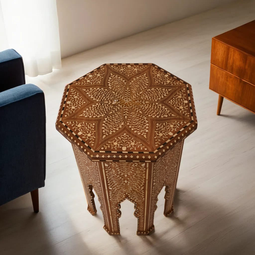 handmade Teak Wood Bone Inlay Pattern Stool