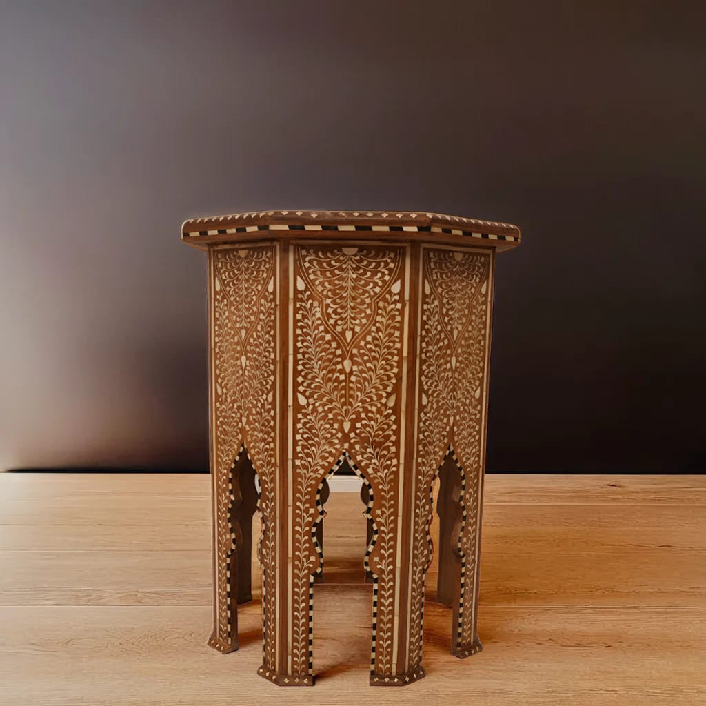 handmade Teak Wood Bone Inlay Pattern Stool