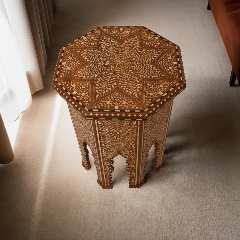 handmade Teak Wood Bone Inlay Pattern Stool