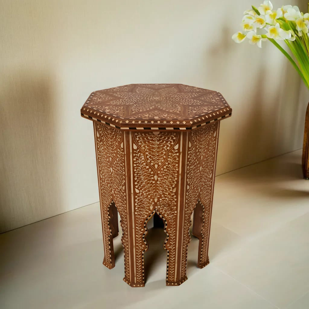 handmade Teak Wood Bone Inlay Pattern Stool