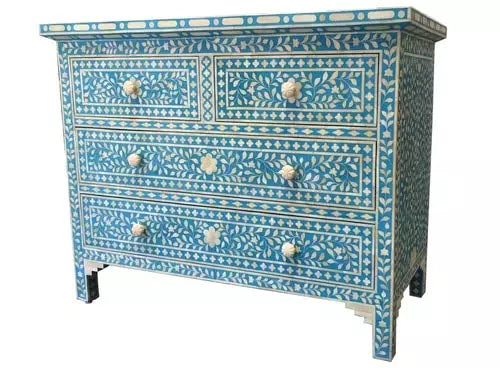 Bone Inlay Chest Of 4 Drawers , Floral Pattern In Indigo