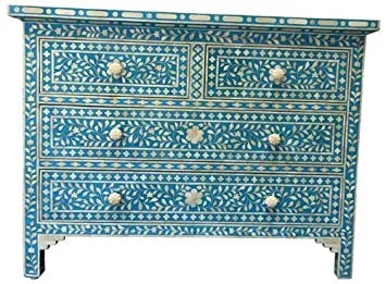 Bone Inlay Chest Of 4 Drawers , Floral Pattern In Indigo