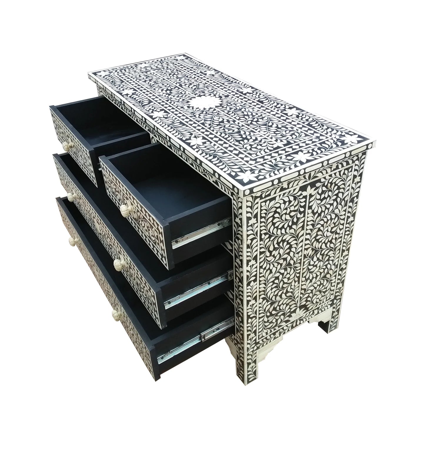 Bone Inlay Chest Of 4 Drawers , Floral Pattern In Black