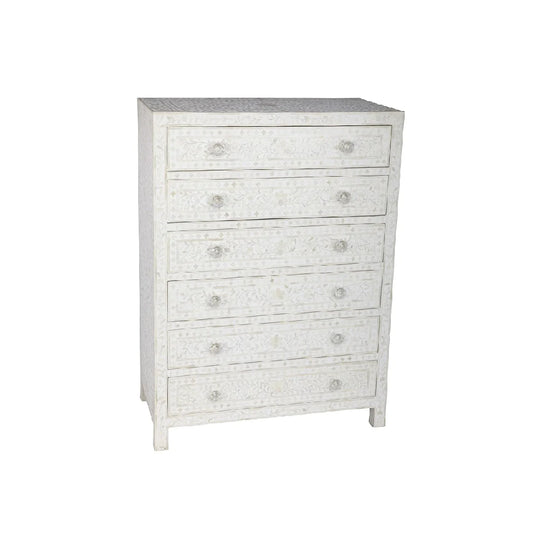 Bone Inlay Chest Of 6 Drawers, Floral Pattern In White