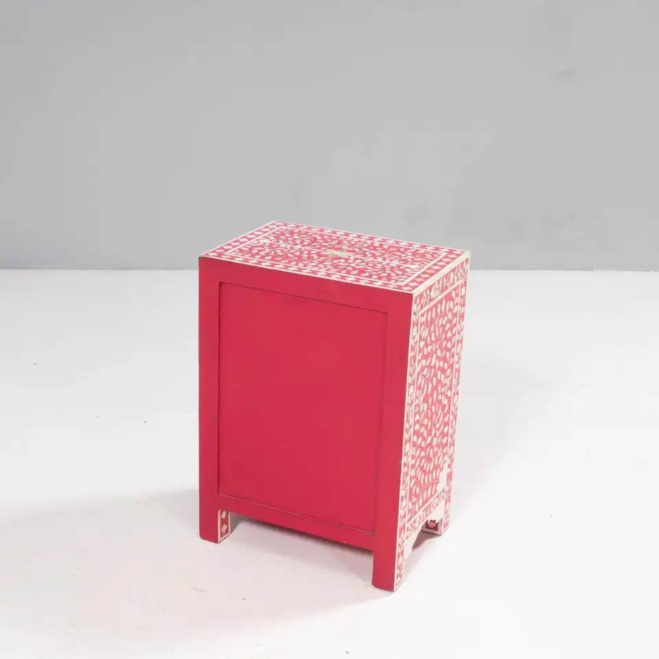 HANDMADE FLORAL PATTERN PINK BONE INLAY FLORAL PATTERN BEDSIDE TABLE