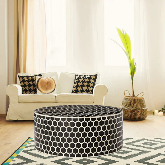 Handmade bone Inlay Black Honeycomb Pattern Round Coffee table