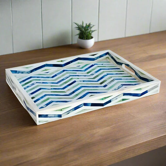 Handmade bone Inlay Chevron Pattern Rectangular Tray in Blue and Green