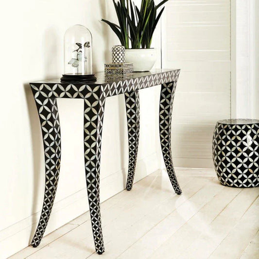 Handmade Mother of Pearl Black Geometric  Pattern Console Antique Vintage Table for Home and Living room