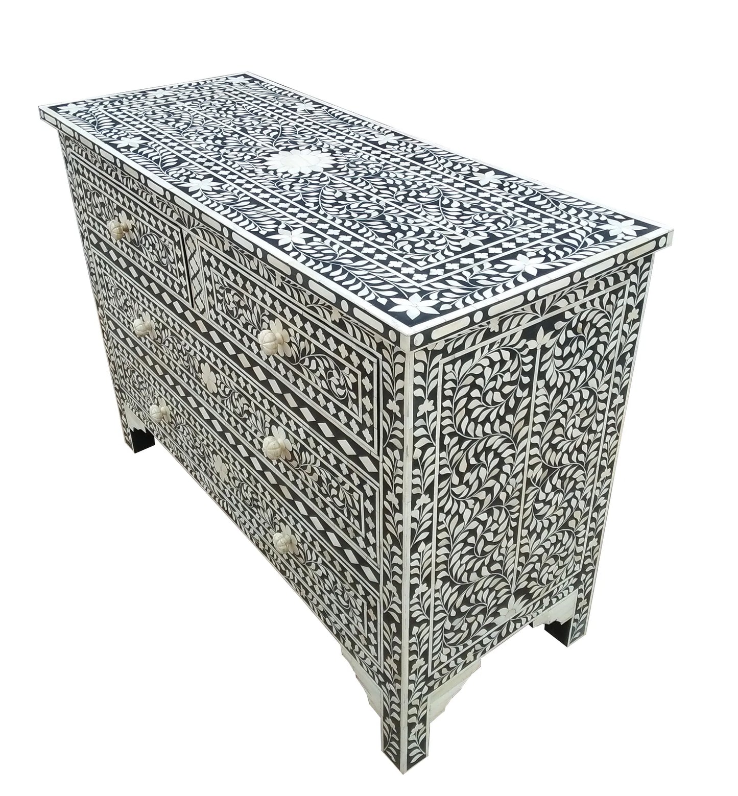 Bone Inlay Chest Of 4 Drawers , Floral Pattern In Black