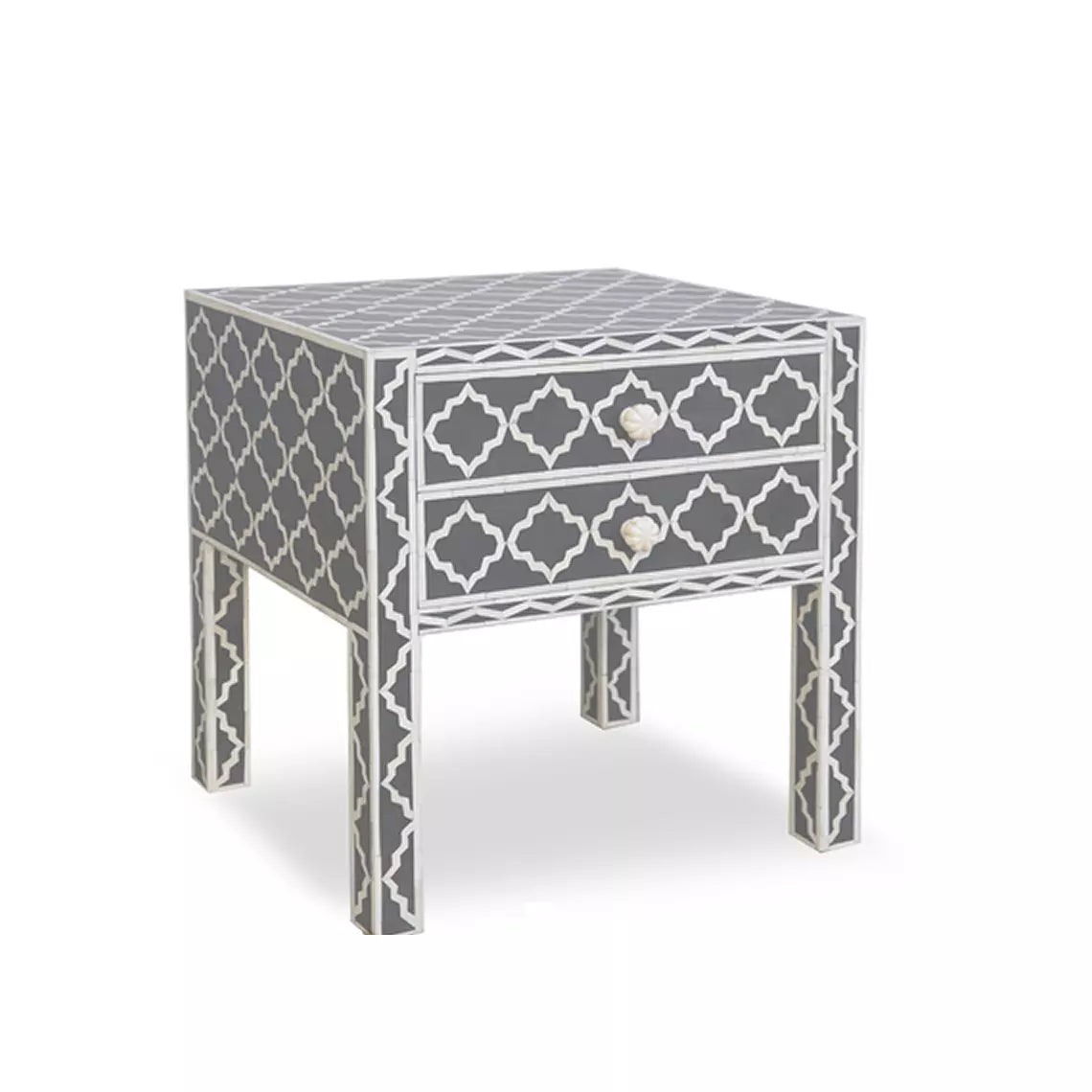 Geometric Mughal Pattern Bone Inlay Bedside Table - Black