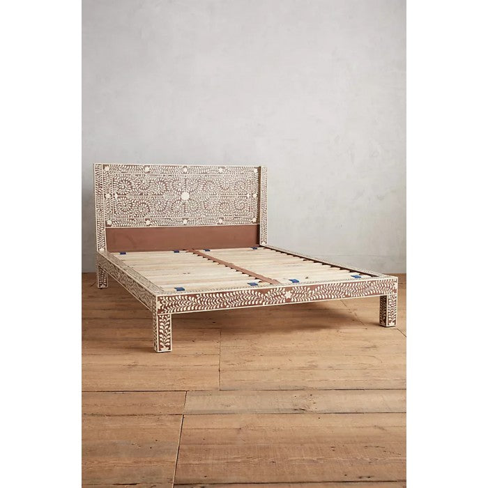 Handmade Bone Inlay King and Queen Size  Bed Frame with Bed Head for Bedroom Decor