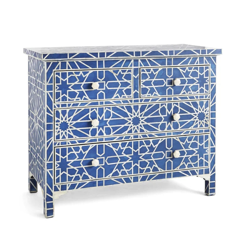 Bone Inlay Chest Of 4 Drawers , Moroccan Pattern In Indigo