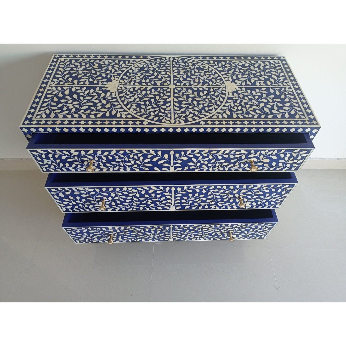 Bone Inlay Chest Of 3 Drawers , Floral Pattern in Indigo