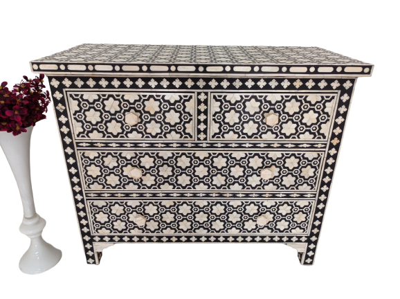 Bone Inlay Chest Of 4 Drawers , Black In Pattern