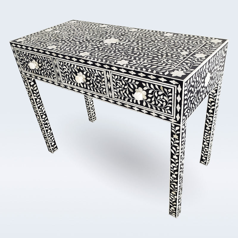 Handmade Customized Bone Inlay Floral Pattern 3 Drawer Console Table