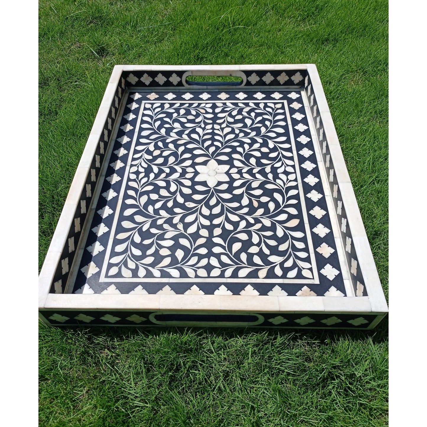 Handmade Customized Bone Inlay Floral Pattern Serving Tray