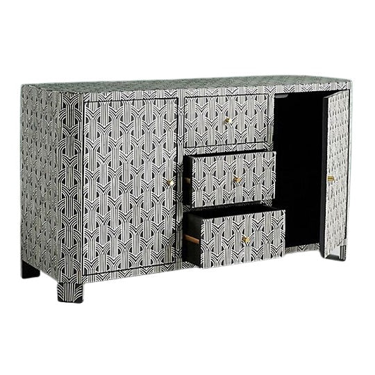 Bone Inlay Chest Of 2 Doors And 3 Drawers, Geometric Pattern In Black