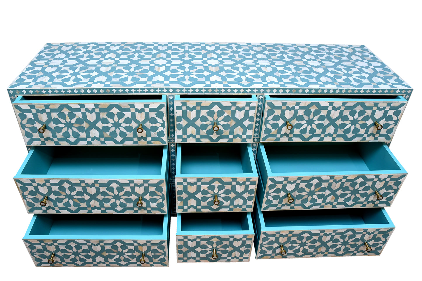 Bone Inlay Chest Of 9 Drawers, Moroccan Pattern In Blue