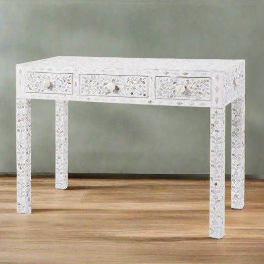 Handmade White mother of pearl vintage antique console table chest of drawer for home office