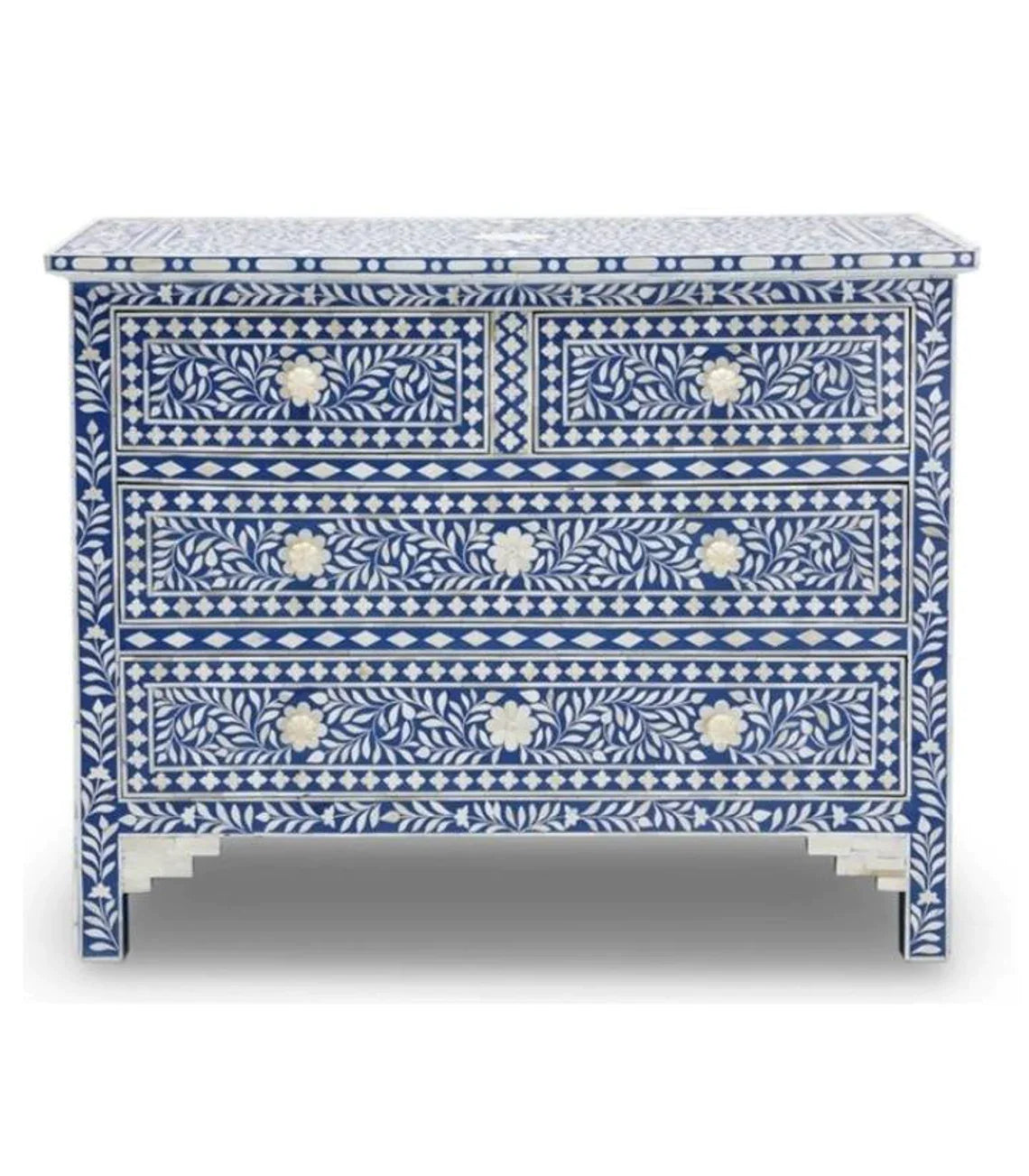 Bone Inlay Chest of 4 drawers, Floral Pattern In Blue