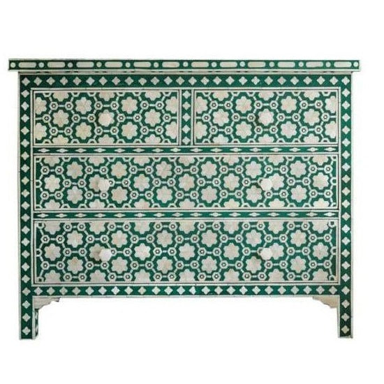Bone Inlay Chest Of 4 Drawers , Moroccan Pattern In Green