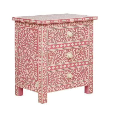 HANDMADE FLORAL PATTERN PINK BONE INLAY FLORAL PATTERN BEDSIDE TABLE